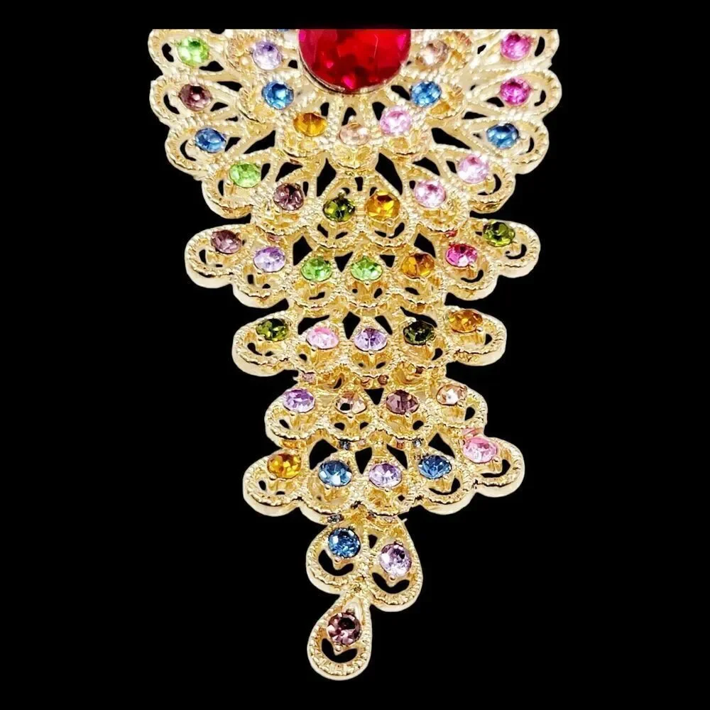Beautifull Large Gold‎ Peacock With Multi-Colored Rhinestones Brooch Pin Pendant